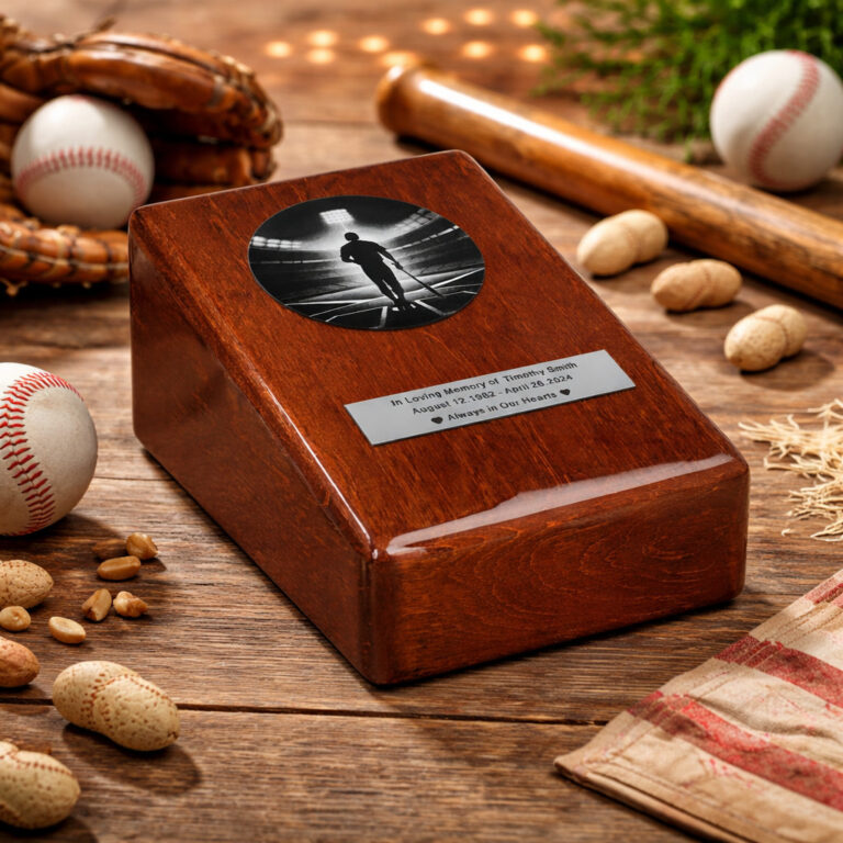 Urna funeraria de madera con grabado de jugador de béisbol, rodeada de equipo de béisbol que incluye bate, guante y pelotas sobre una mesa rústica.