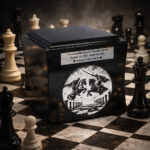 Black cremation urn with chess-themed engraving, placed on a chessboard surrounded by chess pieces.