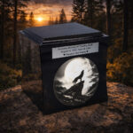 Black cremation urn with engraved wolf howling at the moon, placed on a rock at sunset in a forest landscape.