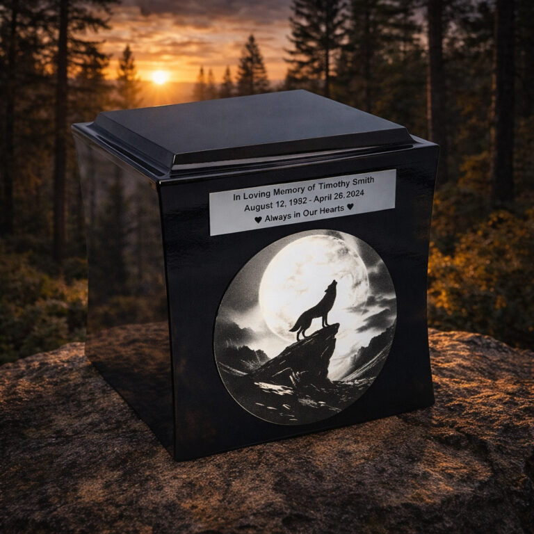 Black cremation urn with engraved wolf howling at the moon, placed on a rock at sunset in a forest landscape.