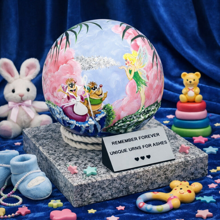 Children’s cremation urn with colorful fairy tale design, surrounded by toys and placed on a blue velvet background.