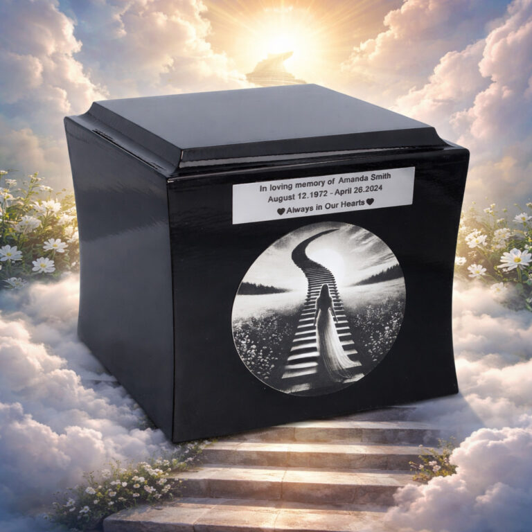 Black cremation urn with engraved tribute and symbolic stairway to heaven design, placed among clouds with sunlight and a radiant sky.