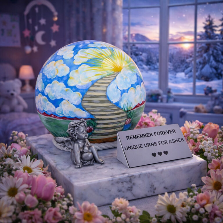 Urne de crémation pour enfant peinte à la main avec motif d’escalier vers le ciel, présentée avec des fleurs et une figurine d’ange dans une chambre d’enfant paisible.