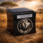 Black cremation urn with lion engraving placed in a savannah landscape at sunset.