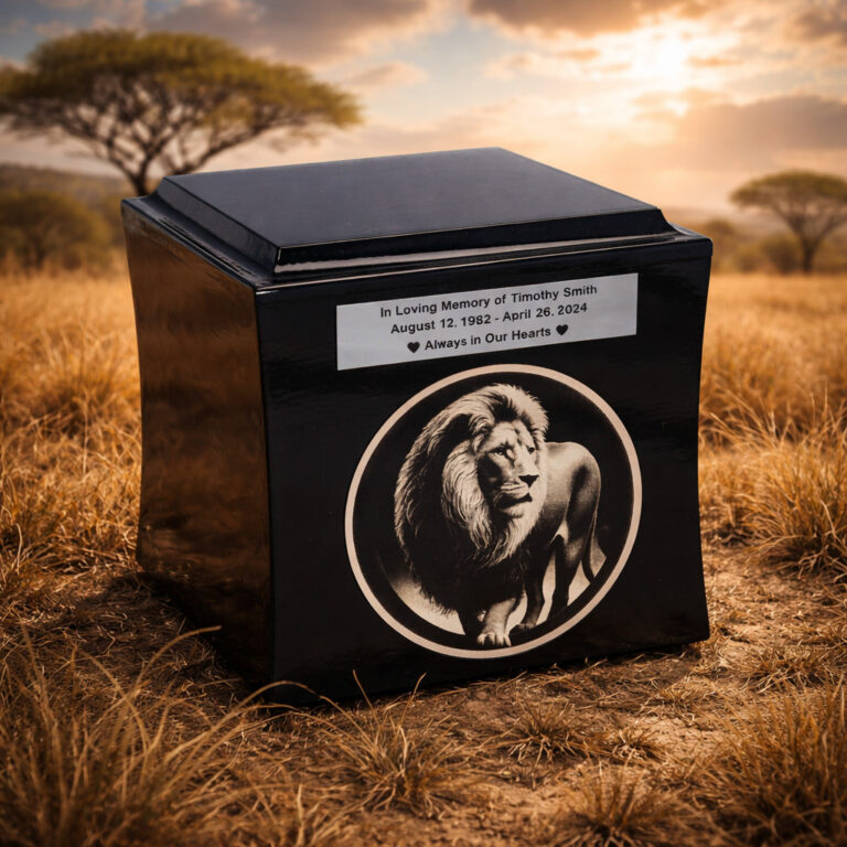 Black cremation urn with lion engraving placed in a savannah landscape at sunset.