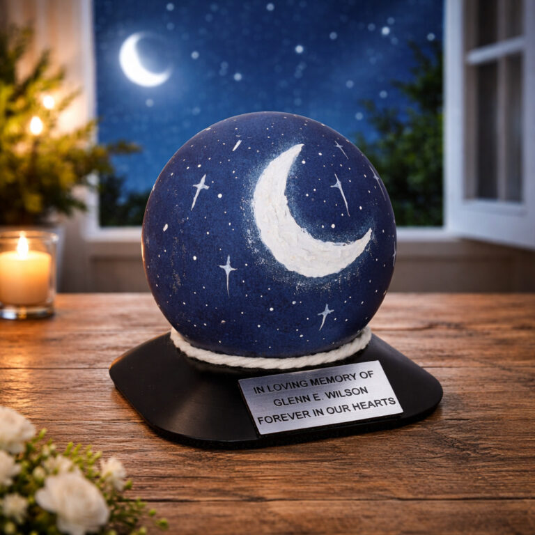 Round keepsake urn with crescent moon and stars design, placed on a table with candles and night sky visible through the window.