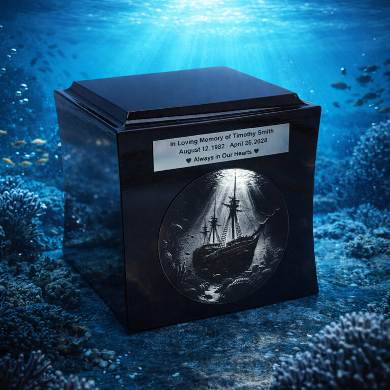 Black cremation urn with engraved vintage ship design, displayed underwater among coral reef and ocean life.