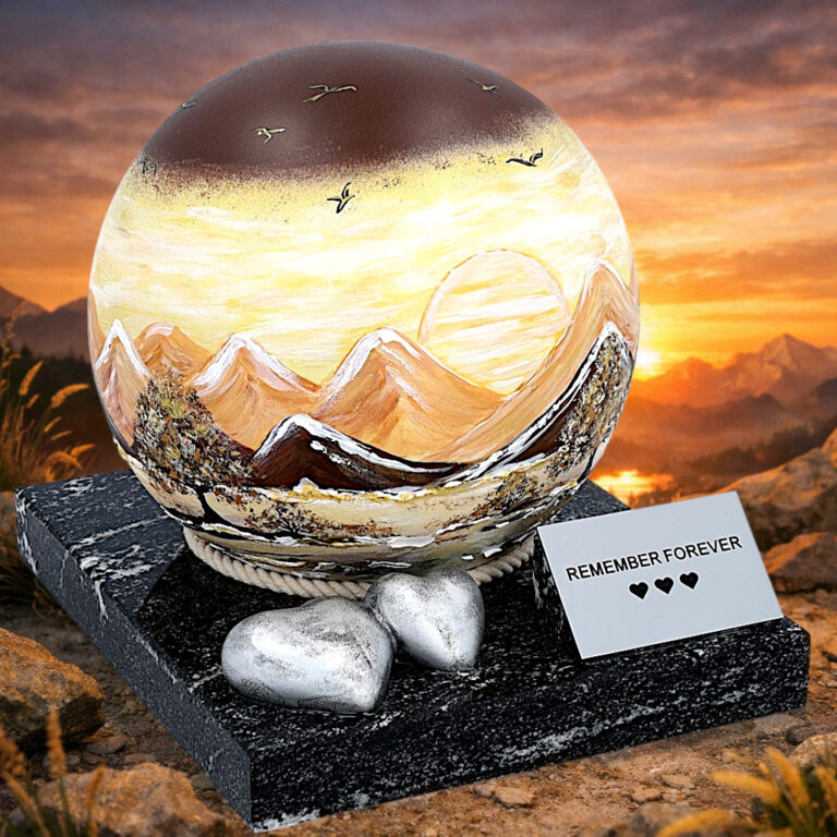 Round cremation urn with hand-painted mountain sunset landscape, placed on a stone base with decorative hearts.