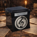 Black cremation urn with engraved tribute and treble clef music design, placed on a wooden table with sheet music and a candle.