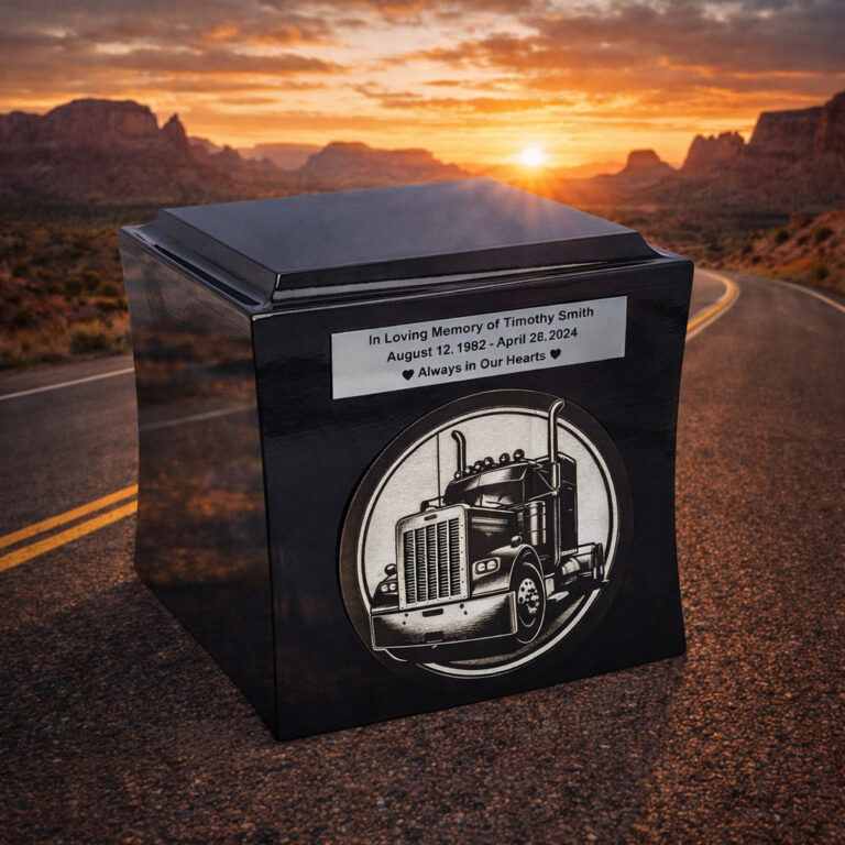 Black cremation urn with engraved tribute and semi-truck design, placed on an open highway at sunset in a desert landscape.