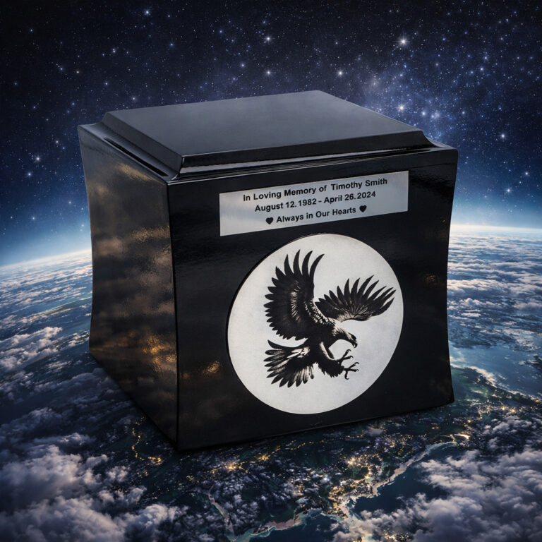 Black cremation urn with engraved eagle design, set above Earth with a starry sky background.