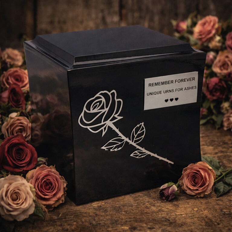 Black cremation urn with engraved rose design, surrounded by roses on a rustic wooden surface.