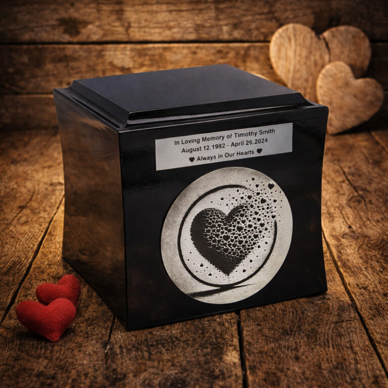 Black cremation urn with engraved tribute and abstract heart design, placed on a rustic wooden surface with decorative hearts.