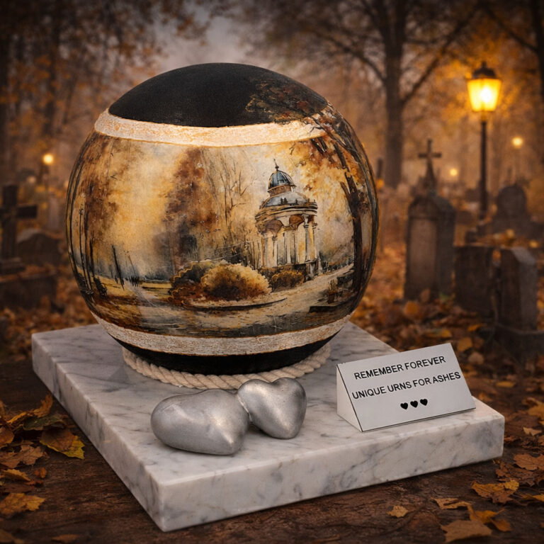 Decorative round cremation urn with artistic landscape painting, placed on a marble base in an autumn cemetery setting with warm lights.