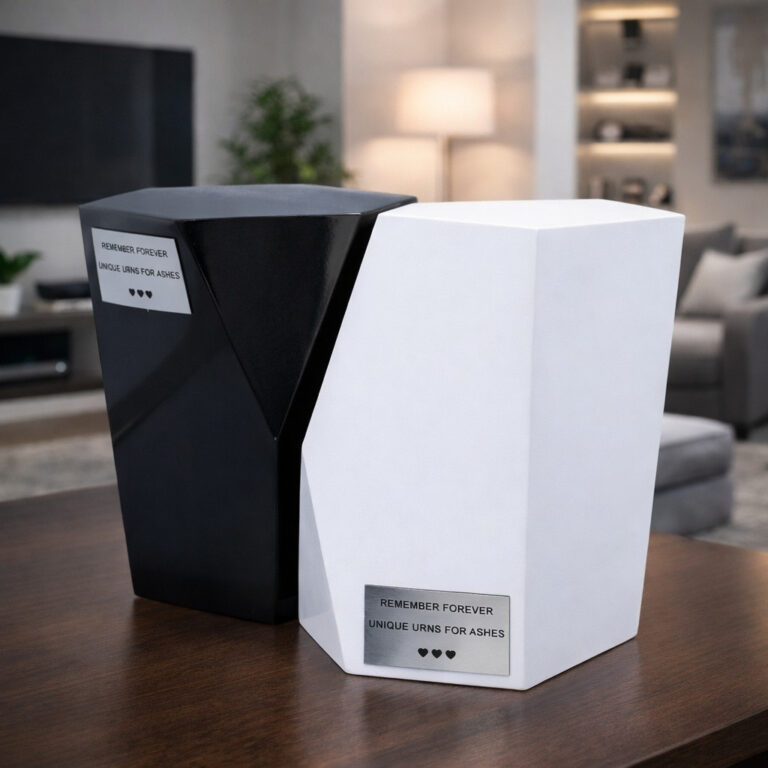 Modern black and white cremation urns with geometric design displayed on a wooden table in a contemporary living room.