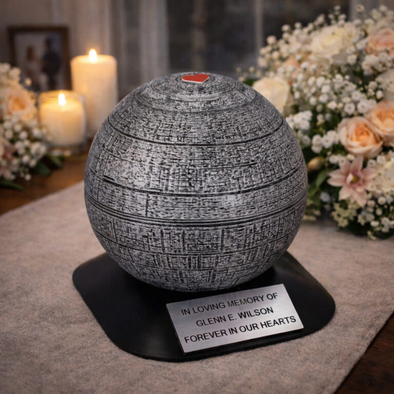 Round cremation keepsake with textured sci-fi inspired design and small red accent, displayed on a stand with candles and flowers in the background.