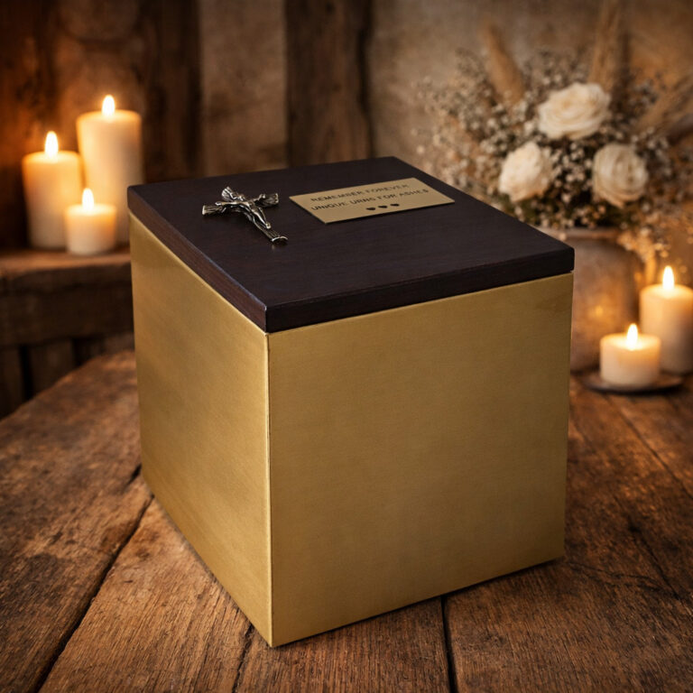 Gold cremation urn with wooden lid and small crucifix detail, placed on a rustic wooden table with candles and soft floral decor.