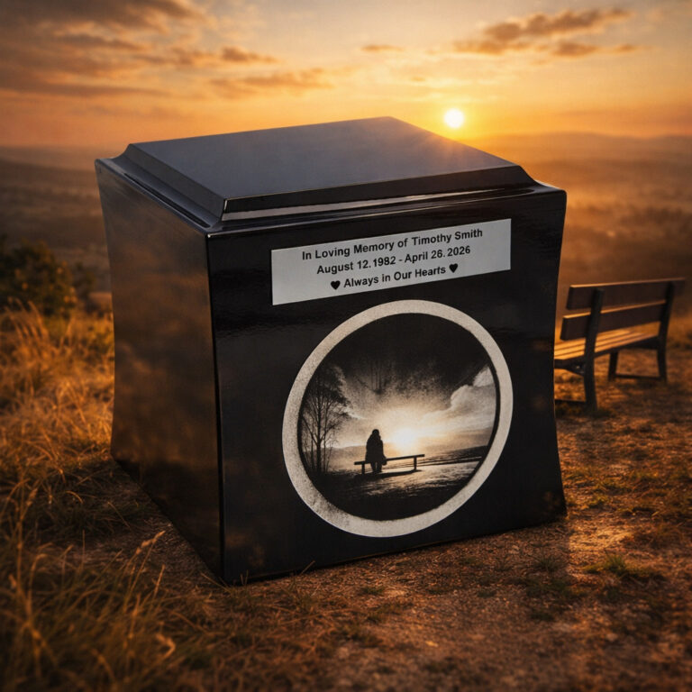 Black cremation urn with engraved tribute and silhouette of a person sitting on a bench, placed in a peaceful sunset landscape.