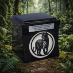 Black cremation urn with engraved tribute and tiger design, placed in a lush tropical forest setting.