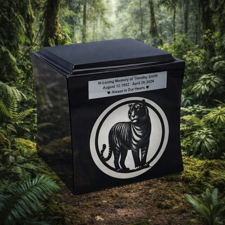 Black cremation urn with engraved tribute and tiger design, placed in a lush tropical forest setting.