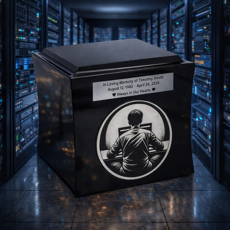 Black cremation urn with engraved tribute and computer programmer design, placed in a modern server room with data racks.