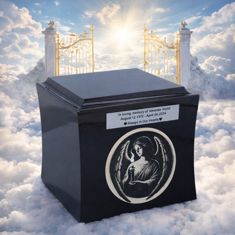 Black cremation urn with engraved tribute and angel design, placed among clouds with golden gates and sunlight in the background.