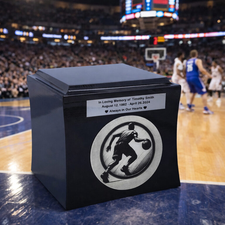 Black cremation urn with basketball player engraving and memorial plaque on basketball court