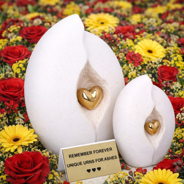 White cremation urn set with gold heart – adult urn and matching keepsake urn