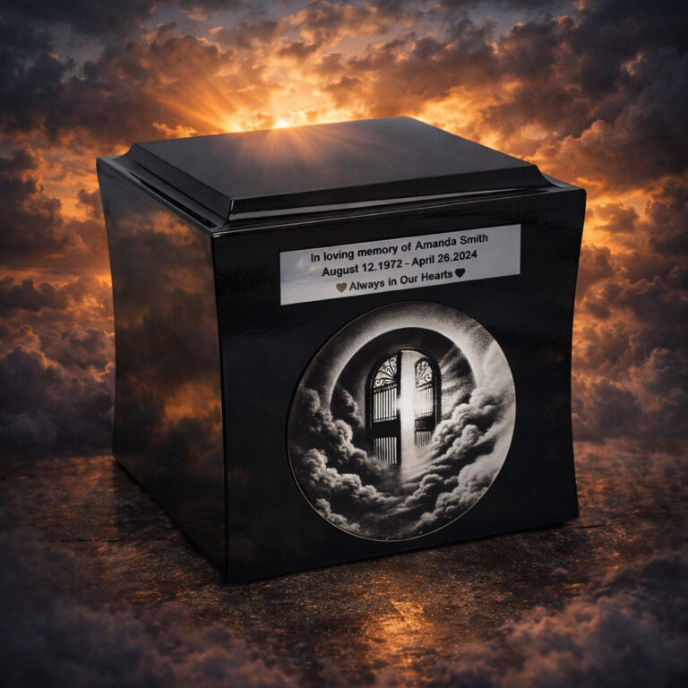 Black memorial urn with engraved tribute and heaven gates design, set against a dramatic sky with sunlight breaking through clouds.