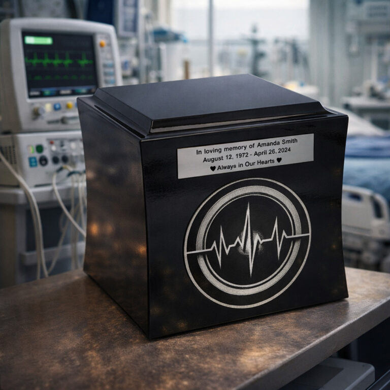 Black memorial urn with engraved tribute and heartbeat line design, placed in a hospital room with medical equipment in the background.