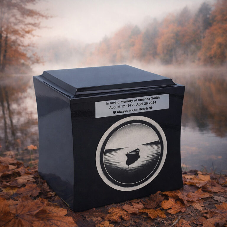 Black cremation urn with engraved tribute and lone boat design, placed by a misty autumn lake with fallen leaves.