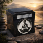 Black memorial urn with engraved tribute and meditating woman design, placed by a tranquil lake at sunset with stones and bamboo.