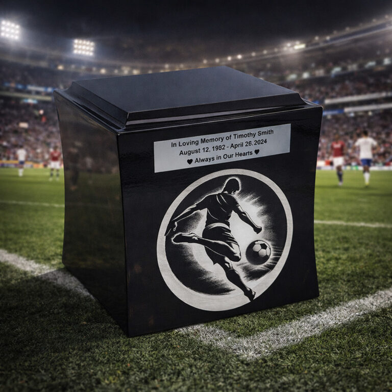 Black memorial urn with engraved tribute and soccer player design, placed on a football stadium field under stadium lights.