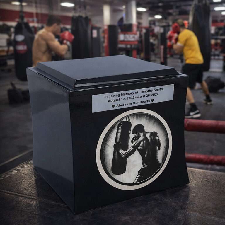 Black cremation urn with boxer engraving and memorial plaque in boxing gym setting