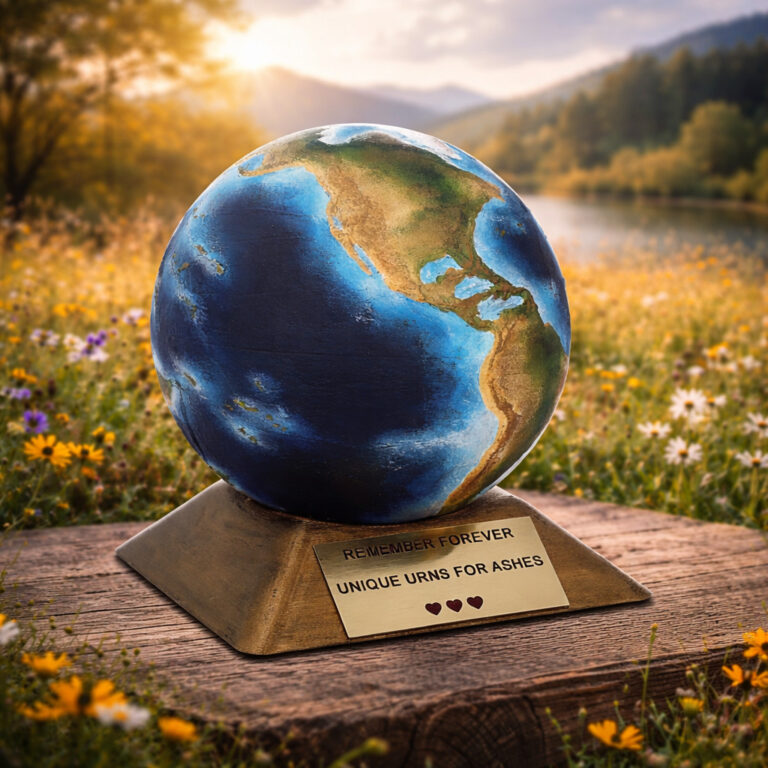 Earth globe cremation urn for a child with wooden base in natural landscape setting