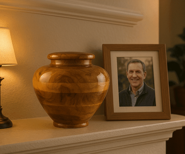 keeping cremated remains at home, urn at home with a picture