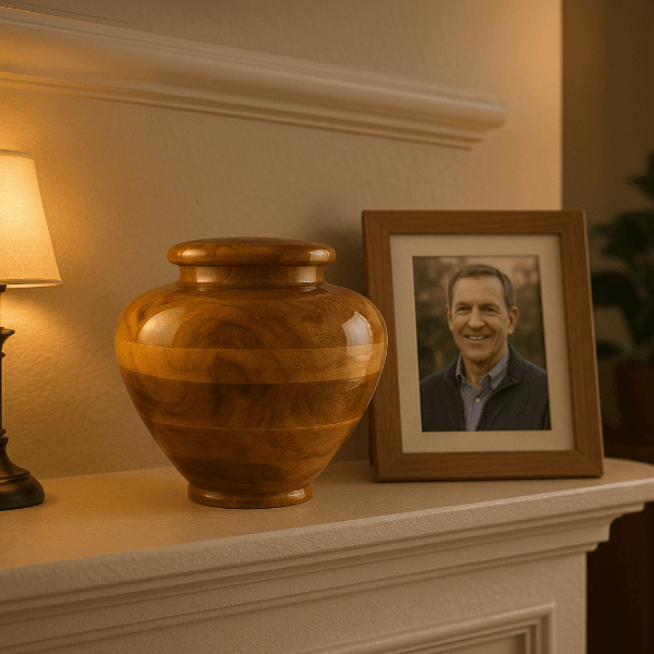 keeping cremated remains at home, urn at home with a picture