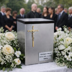 Stainless steel cremation vault for urn with crucifix and memorial plaque at funeral ceremony with flowers