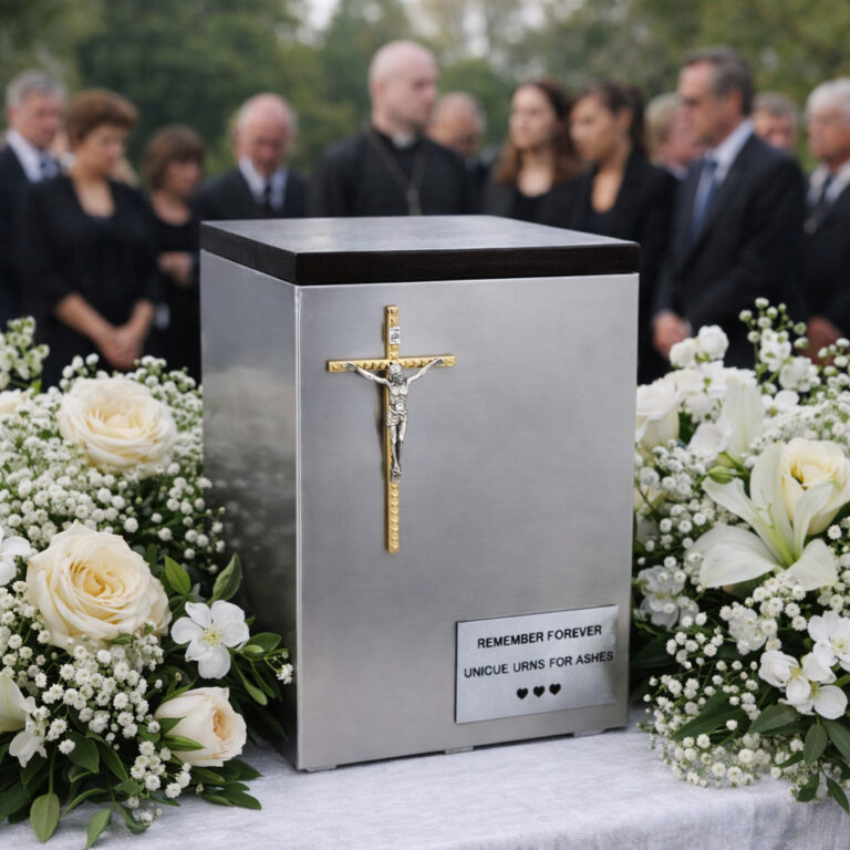 Stainless steel cremation vault for urn with crucifix and memorial plaque at funeral ceremony with flowers