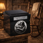 Black cremation urn with an engraving of a couple embracing, placed on a rustic wooden table.