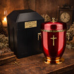 Red metal cremation urn with gold cross and decorative accents beside a black urn vault on a wooden surface.