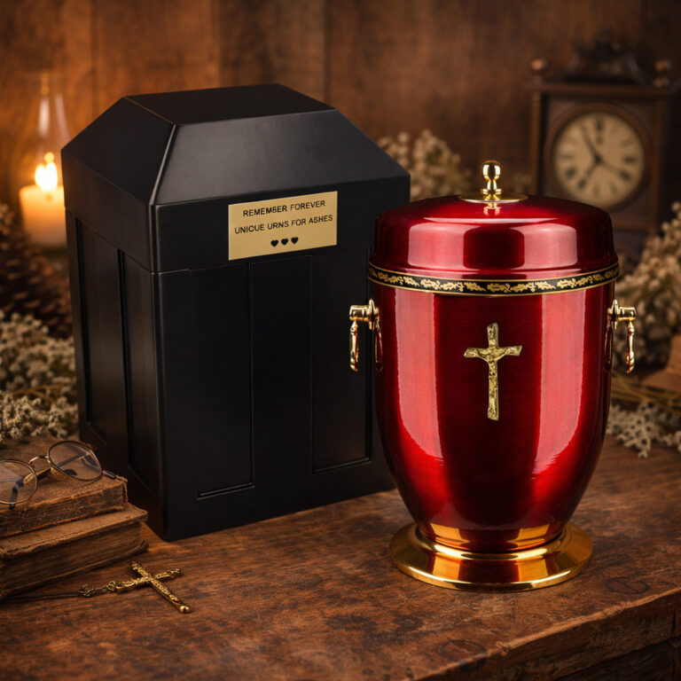 Red metal cremation urn with gold cross and decorative accents beside a black urn vault on a wooden surface.