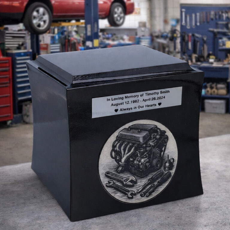 Black cremation urn with engraved engine and tools design, placed in an auto repair workshop with car lift and equipment in the background.