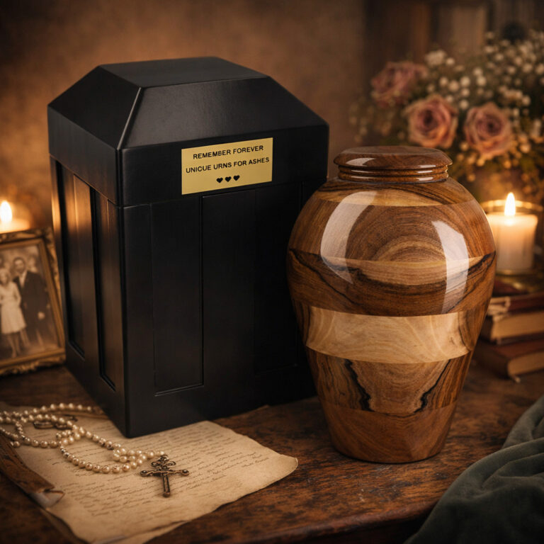 Urna de cremación de madera y caja conmemorativa negra para urna expuestas sobre una mesa con velas, flores y recuerdos.