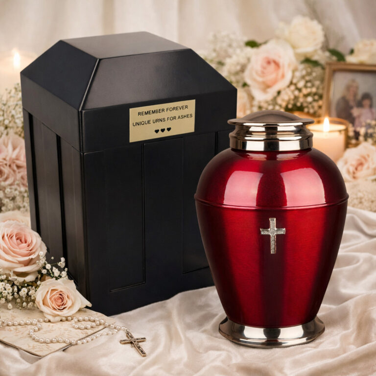 Red metal cremation urn with a cross beside a black urn vault, surrounded by soft flowers and memorial items.