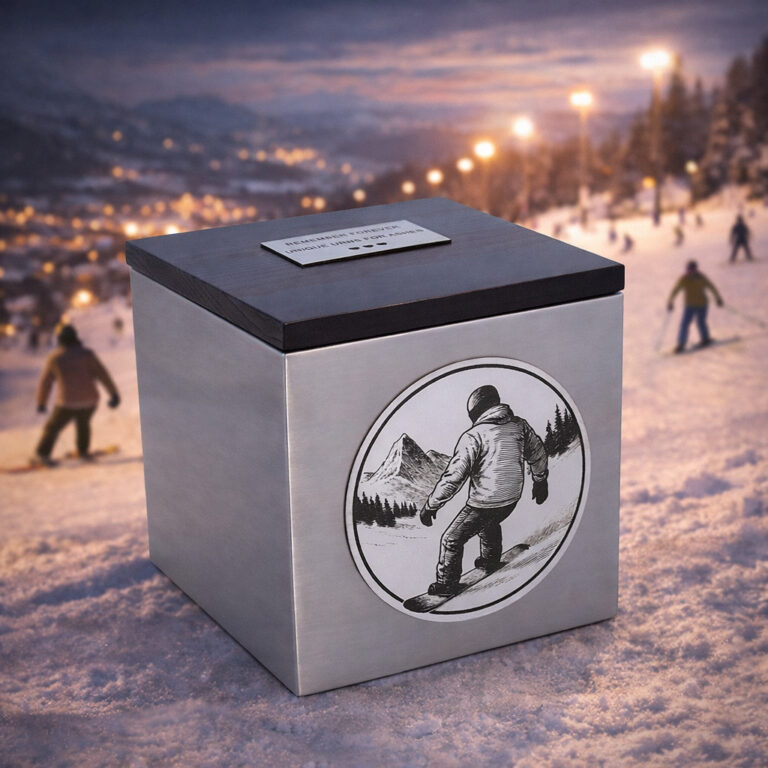 Stainless steel cremation urn with wooden lid and engraved snowboarder design, placed on a snowy ski slope with people in the background.