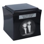 Wooden urn with engraved candles