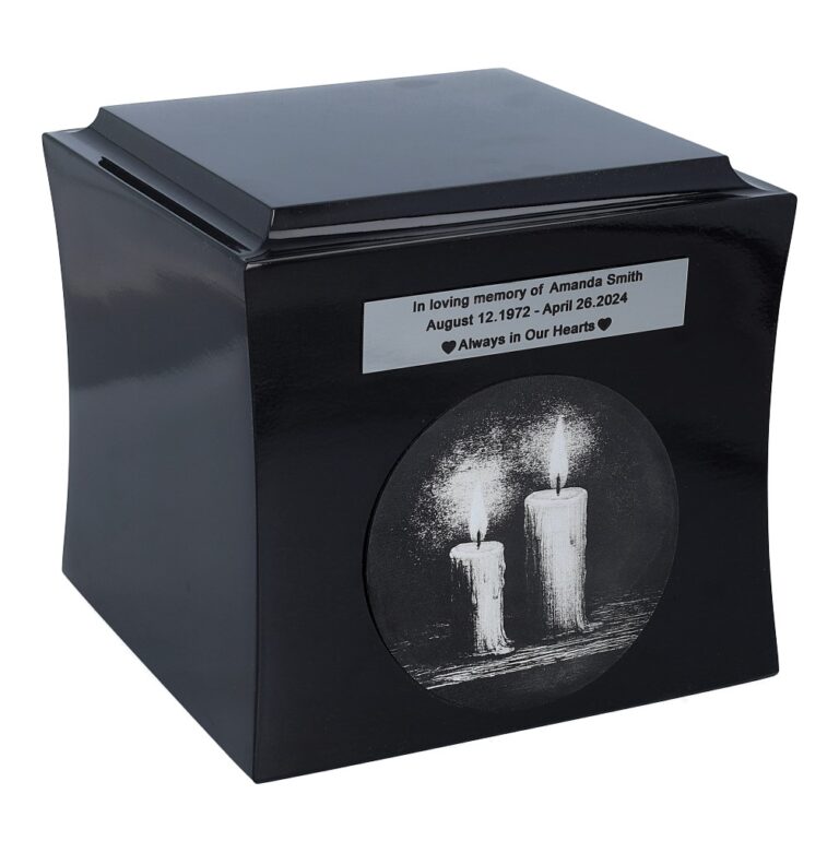 Wooden urn with engraved candles