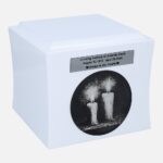 Wooden urn with engraved candles