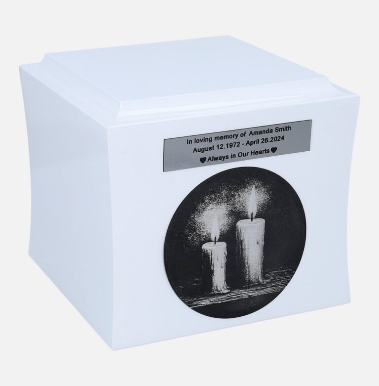 Wooden urn with engraved candles